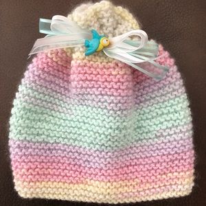 NEW Hand knitted baby hat multicolored pastels w/ bird & bow accent on t…